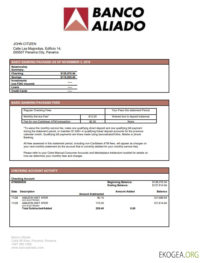 Relevé bancaire de Panama Banco Aliado